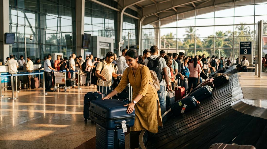 Travelers at Goa airport arrivals hall collecting rental car keys