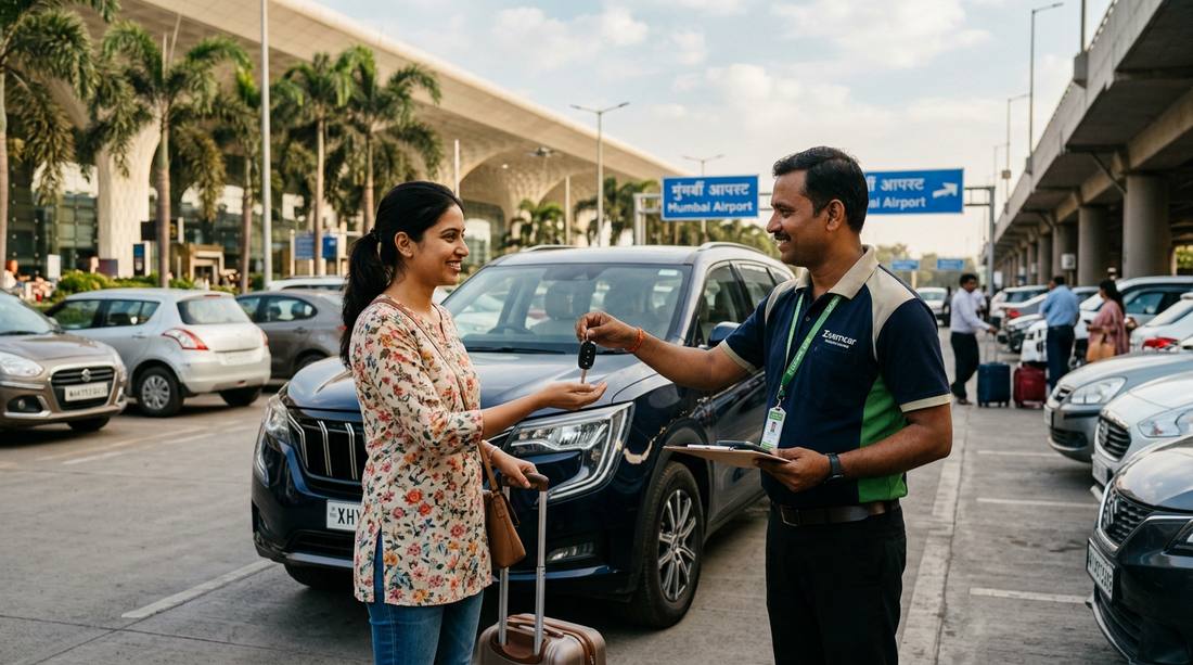 Car rental key handover at Goa airport parking area