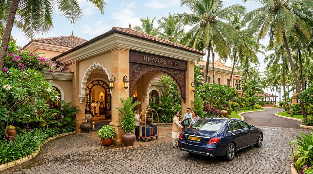 Car arriving at beach resort entrance in Goa after airport transfer