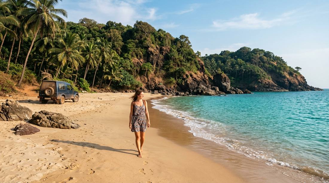 Exploring hidden beach in Goa accessible only by rental car on coastal road