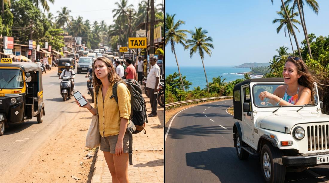 Side by side comparison of rental car and taxi in Goa showing cost difference