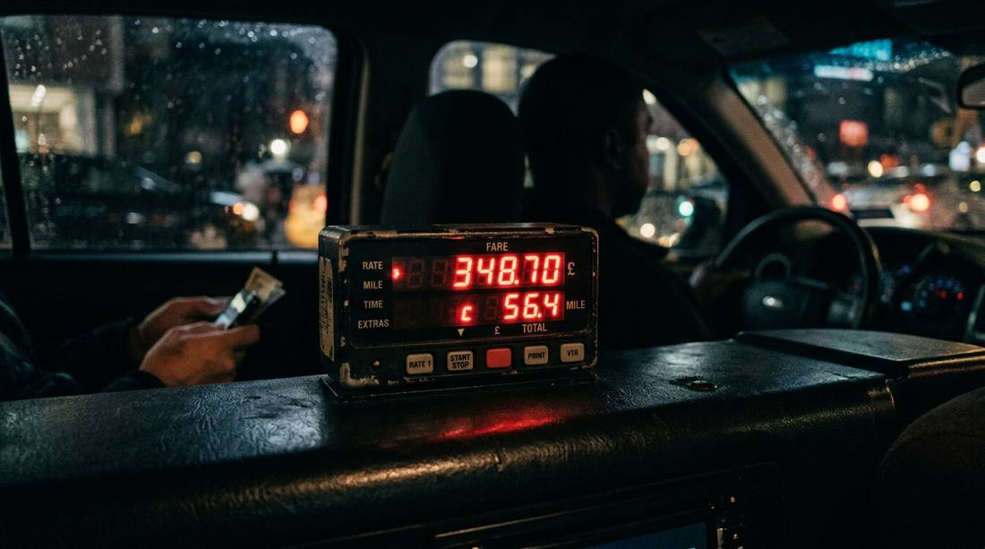 Taxi meter showing fare compared to car rental daily rate in Goa