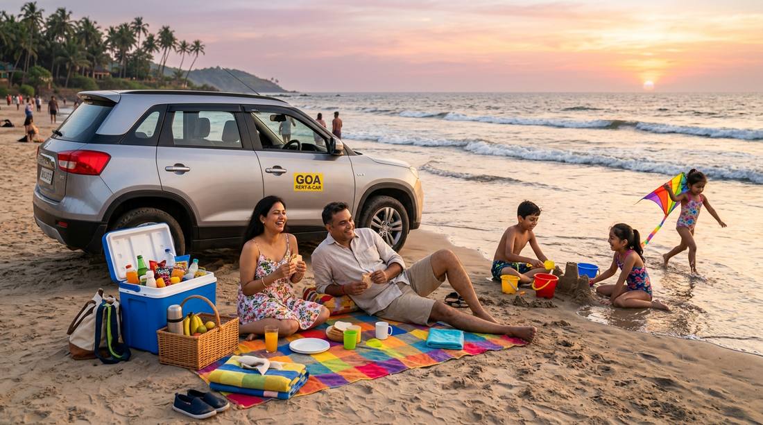 Family enjoying beach picnic in Goa with kids playing in sand