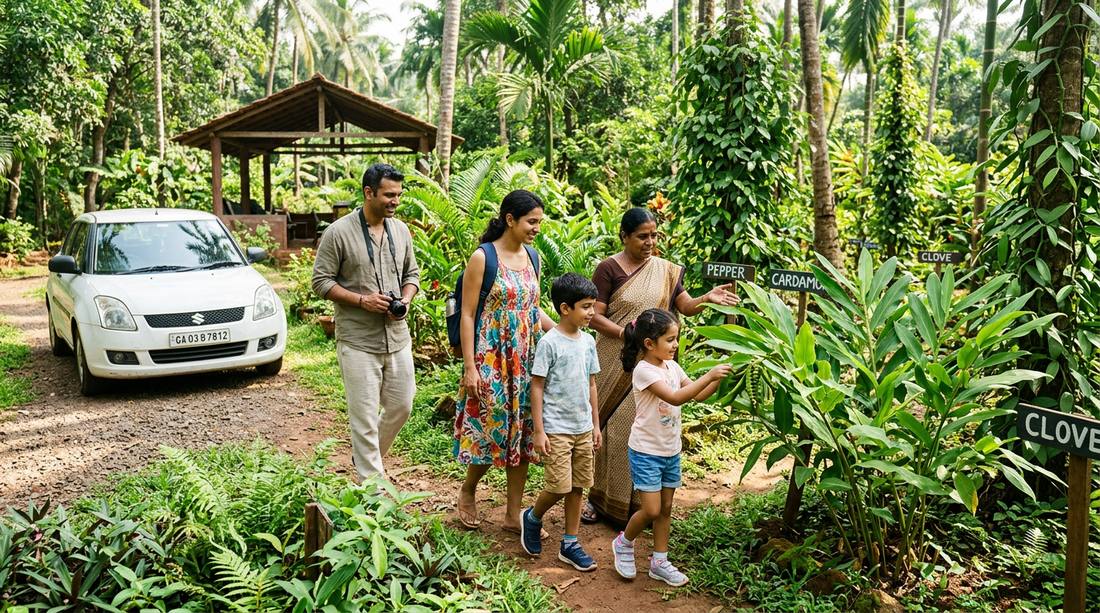 Family visiting spice plantation in Goa with children exploring