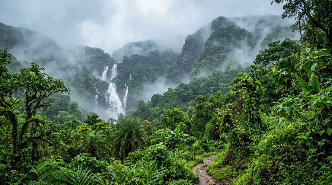 Lush green Goa landscape during monsoon with rice paddies and palm trees - scenic driving
