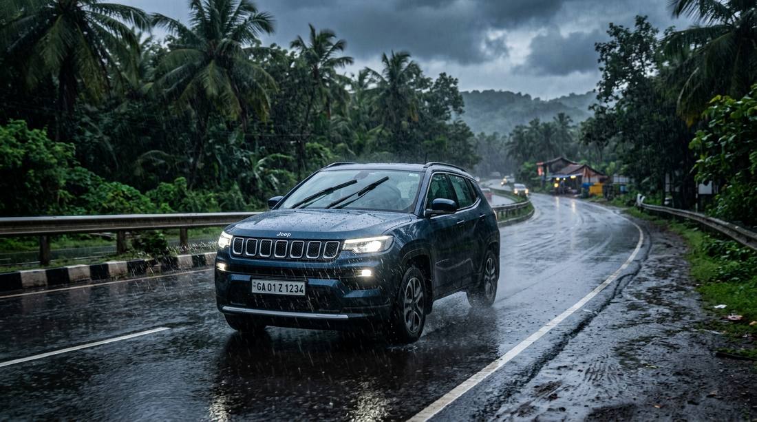 SUV driving confidently on wet Goa road during monsoon rain - best car rental choice