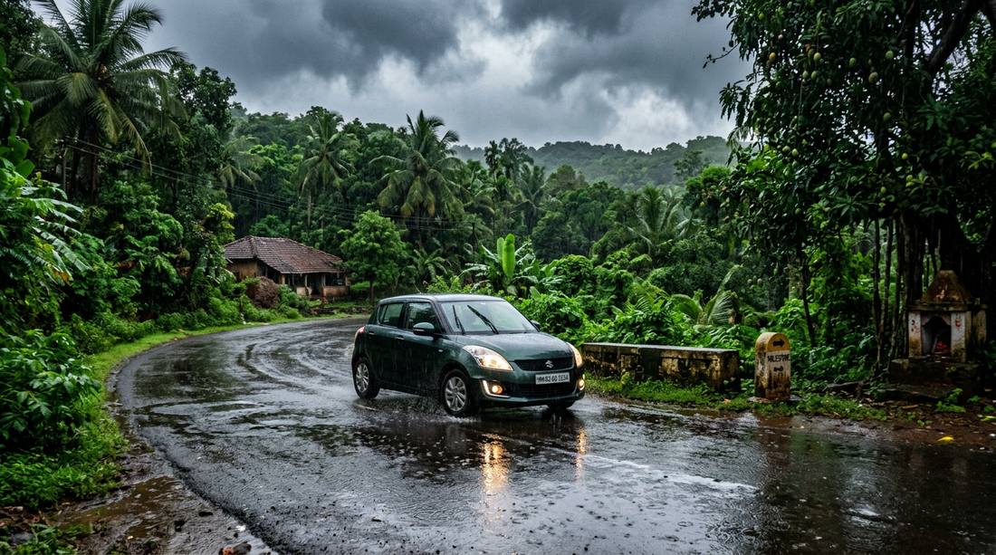 Wet road in Goa during monsoon - car rental safety guide for rainy season driving