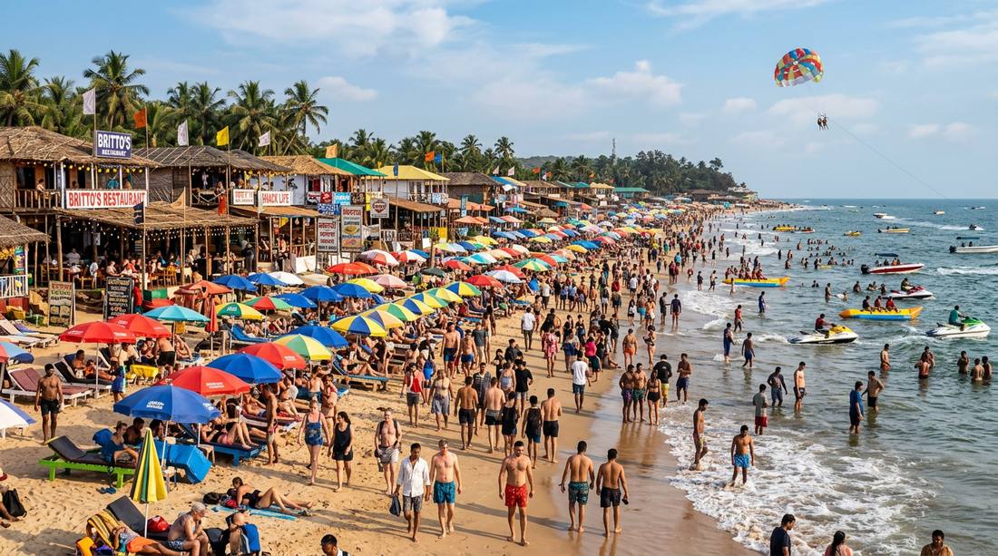 Baga Beach North Goa with colorful beach shacks and tourists - vibrant nightlife destination