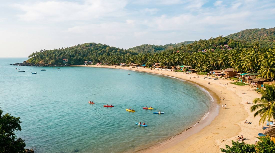 Palolem Beach South Goa crescent shape with palm trees and calm waters - serene destination