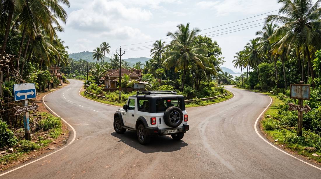Road fork in Goa with directional signs - choosing between North and South for car rental trip