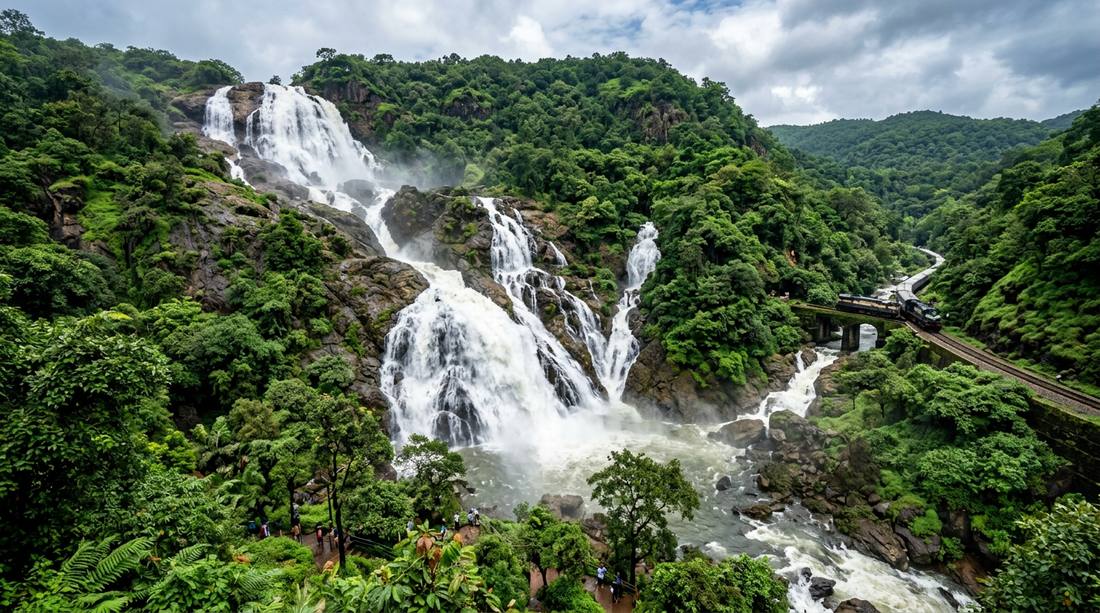 Dudhsagar Waterfalls in Goa surrounded by lush green forest - best nature destination by car
