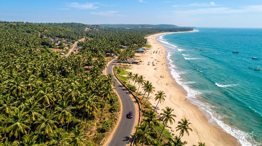 Aerial view of scenic coastal road in Goa perfect for car rental road trips
