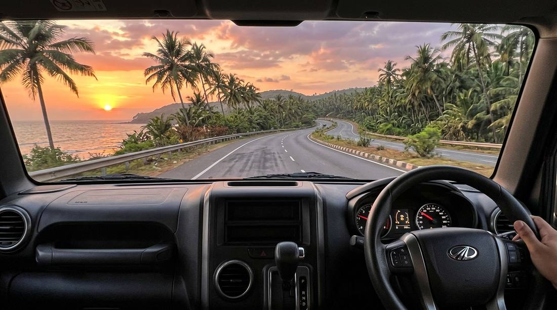Dashboard view driving on Goa highway - ultimate road trip guide for car rental tourists