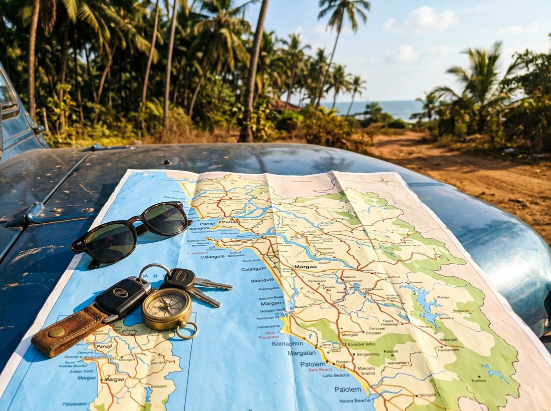 Traveler planning Goa road trip route on map with car keys - self drive planning guide