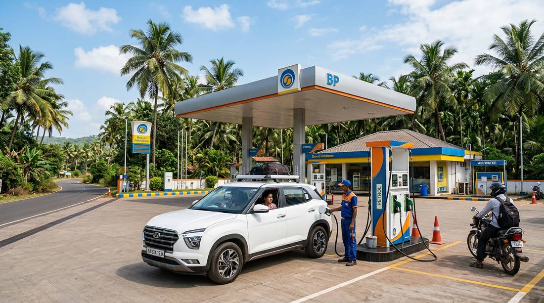 Indian petrol station in Goa where rental car drivers can refuel during road trip