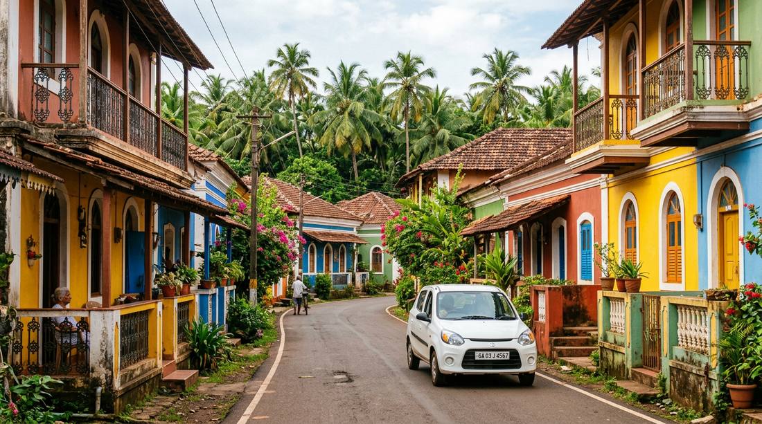 Beautiful village road in Goa with palm trees perfect for self-drive car rental exploration