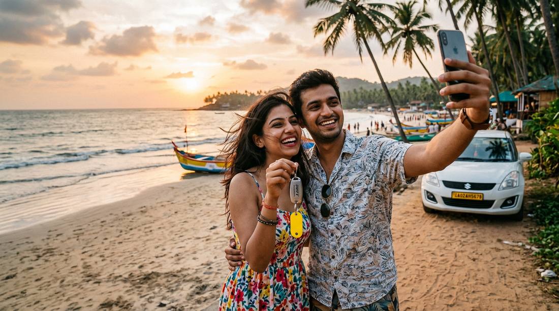 Happy couple receiving car rental keys in Goa - beginning their self drive adventure