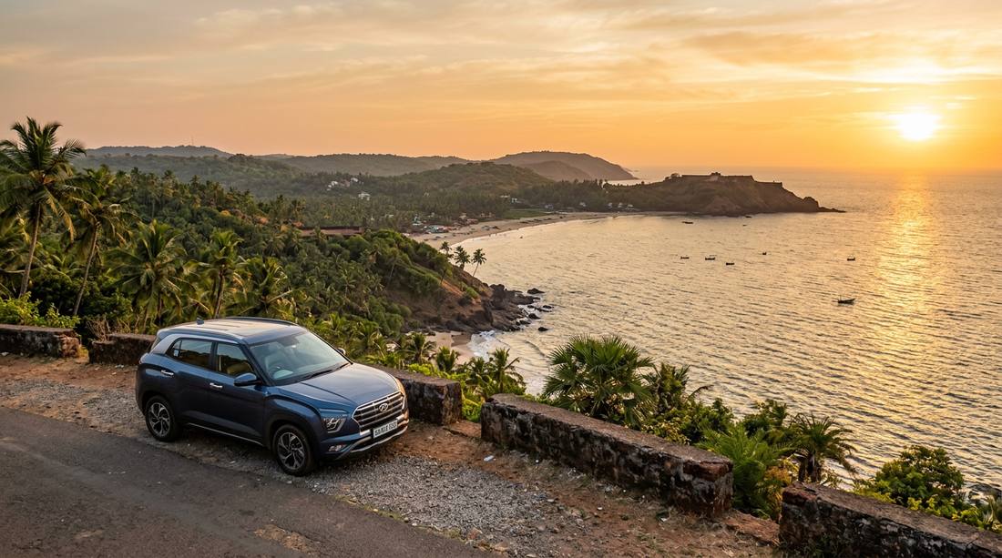 Self-drive rental car parked at scenic Goa viewpoint overlooking Arabian Sea coastline