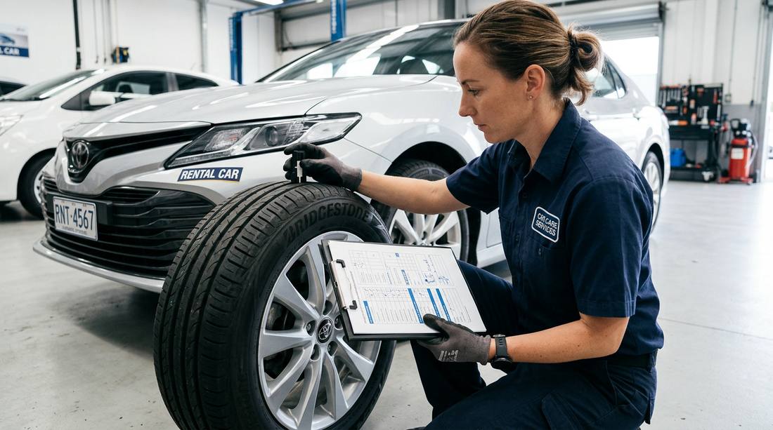 Inspecting car tire condition before self-drive rental in Goa - essential safety check
