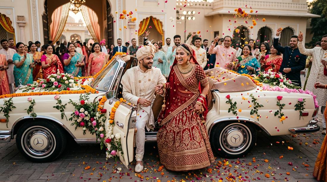 Newly married couple posing with decorated luxury car in Goa