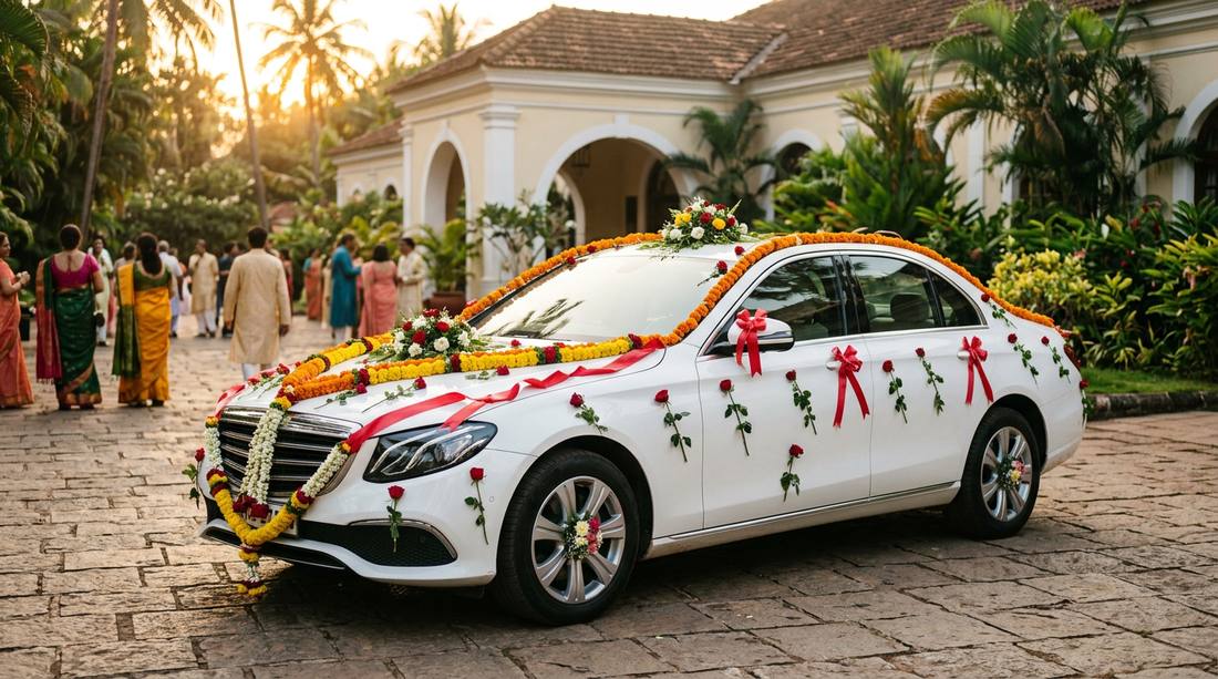Beautifully decorated luxury wedding car with flowers in Goa