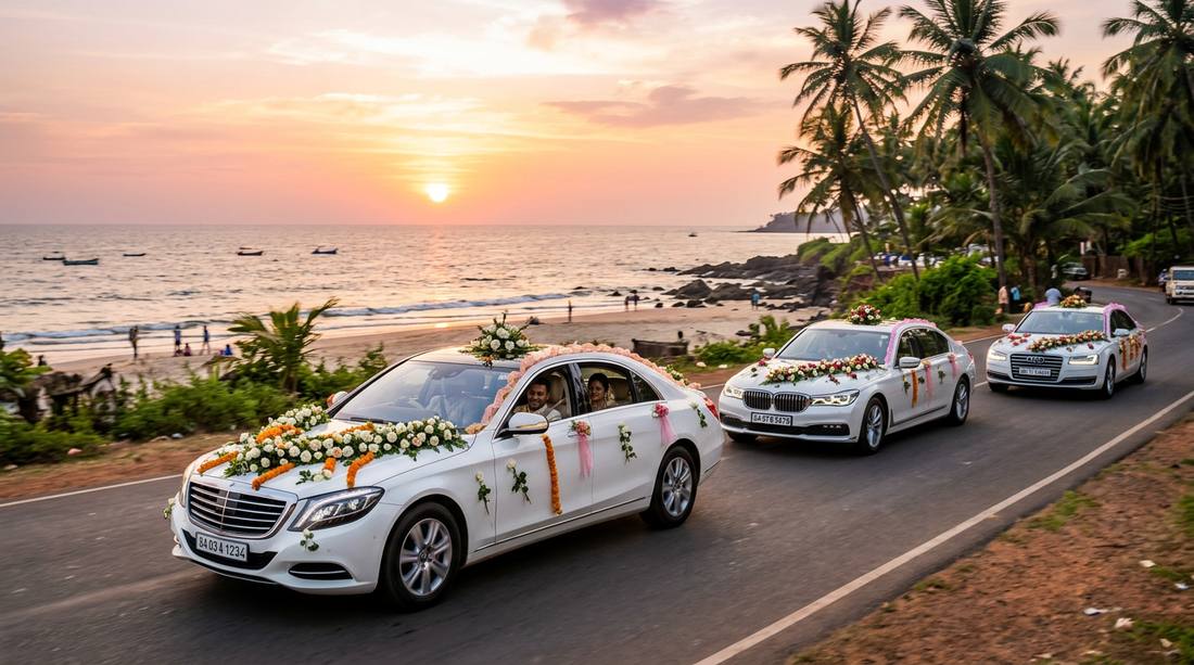 Fleet of decorated wedding cars in convoy for Goa destination wedding