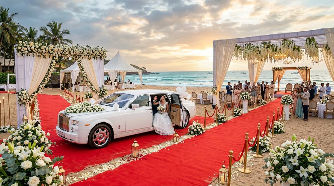 Red carpet entrance with luxury wedding car at Goa resort venue