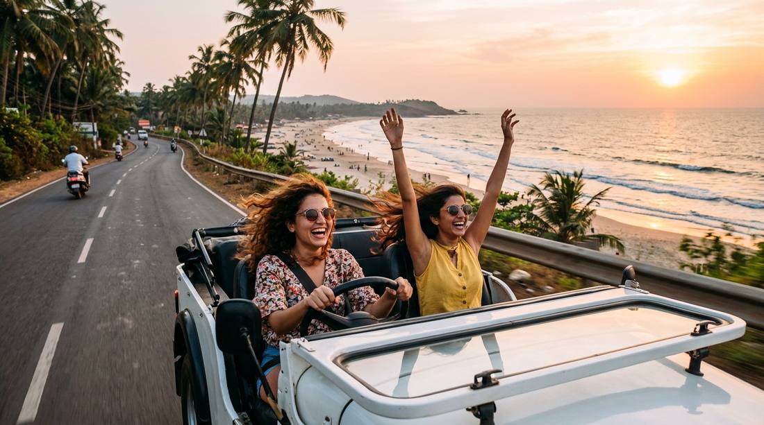 Group of friends with rental car ready for weekend road trip in Goa