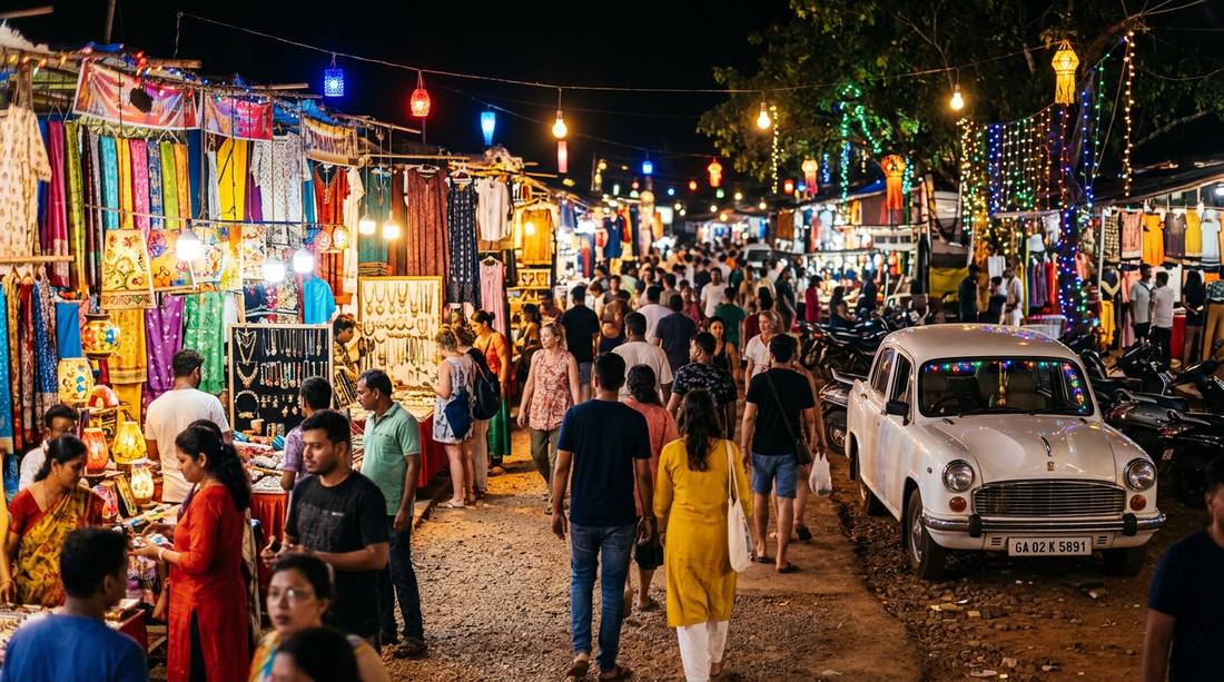 Night market in Goa with rental car parked nearby for evening exploration