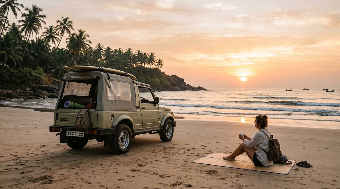 Sunrise at Goa beach with rental car parked on coastal road