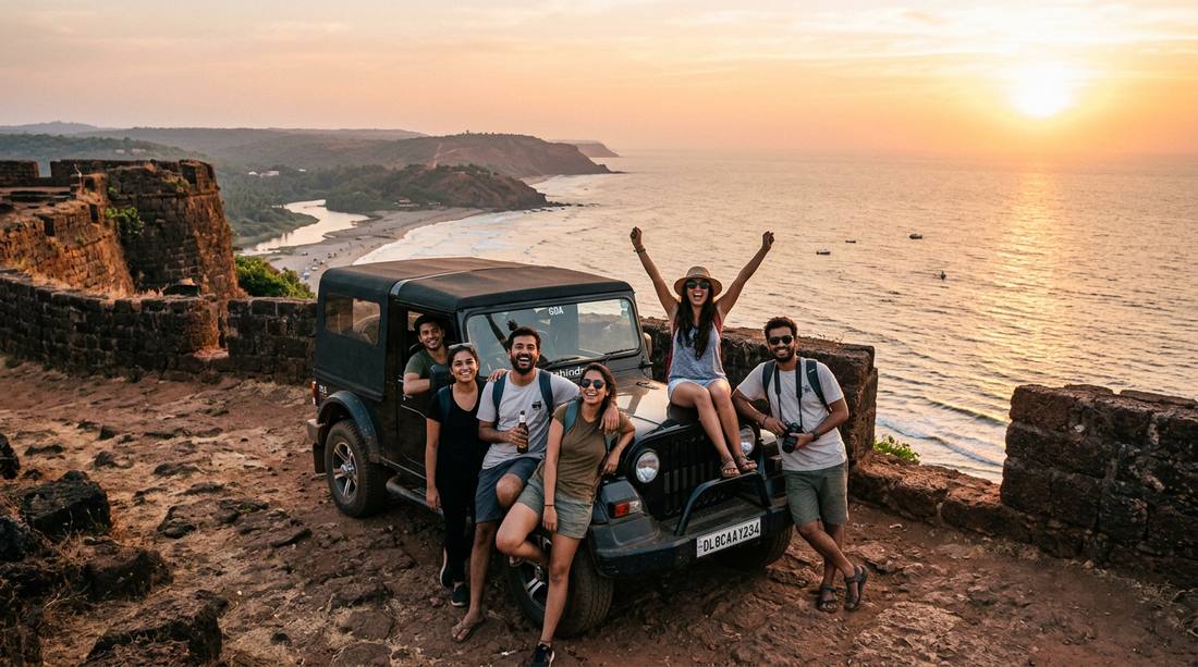 Mahindra Thar rental car parked at fort viewpoint in Goa